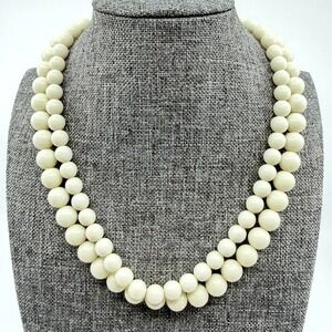 Ivory Cream Round Bead Necklace Double Strand Chunky Boho Statement Collar Style